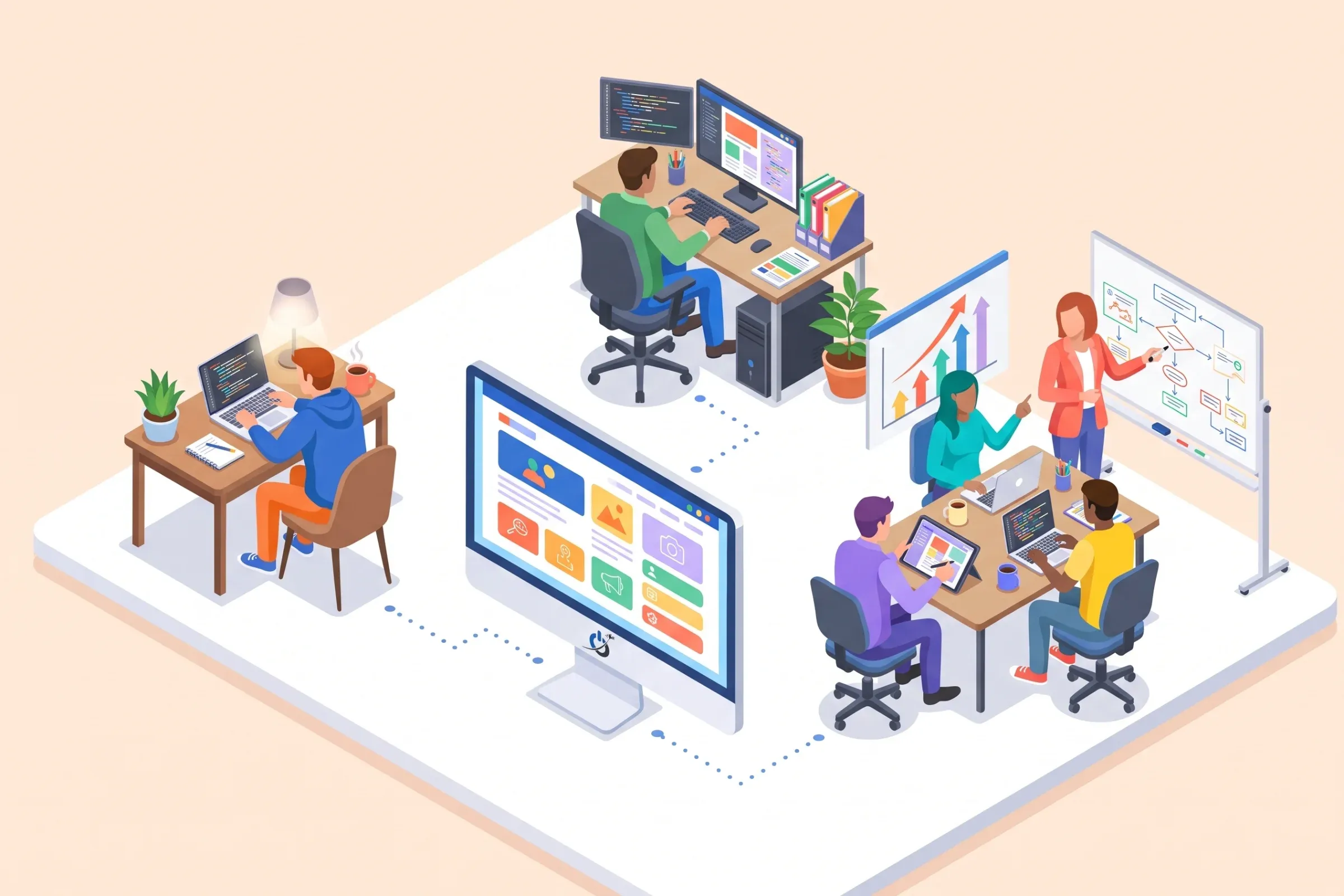 Illustration isométrique comparant un freelance WordPress, un développeur salarié et une agence WordPress autour d’un site web