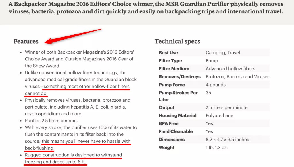 description de produits exemple de msr water