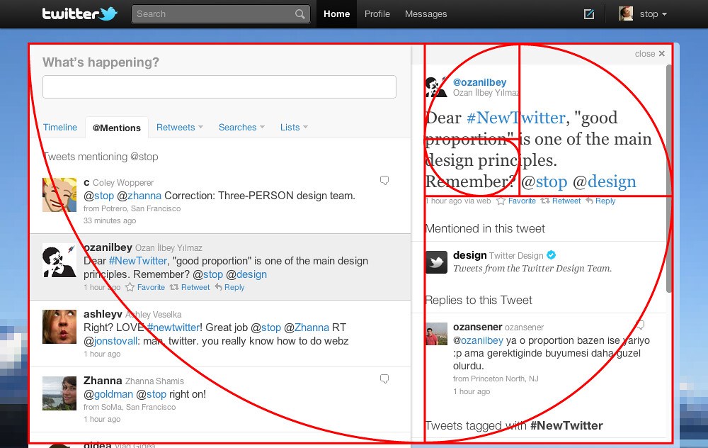 Les proportion du design site web de Twitter suit le nombre d'or