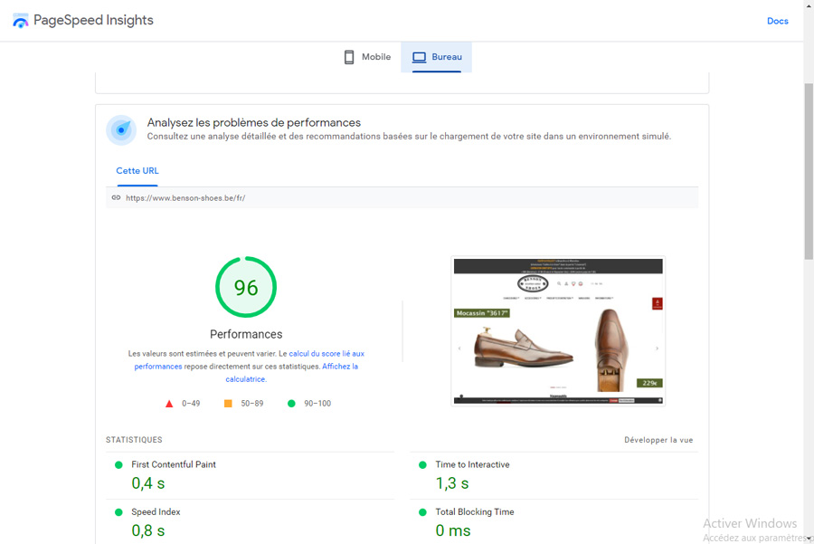 Performance du site Benson Shoes sur Google Page Speed