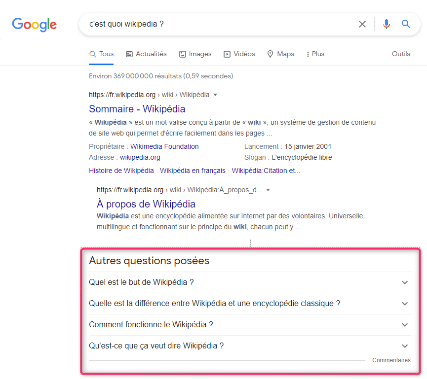 exemple des autres questions posées dans les SERP de Google