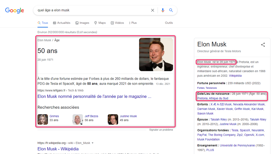 exemple de Knowledge Cards dans les SERP