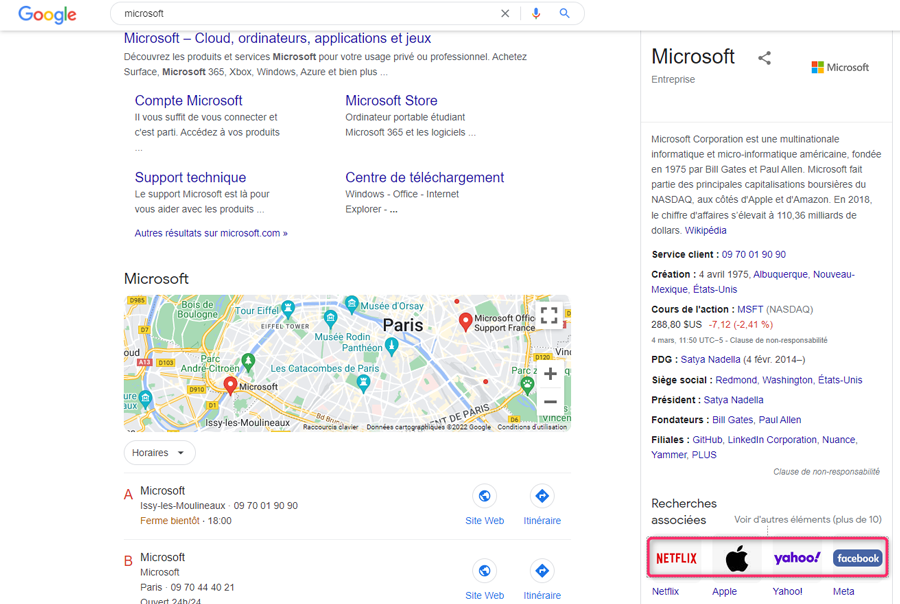 Exemple de concurrents présentés avec les knowledge panel dans les SERP