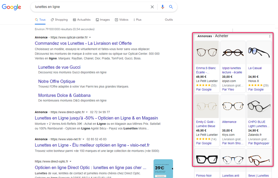 exemple de résultats shopping dans les SERP