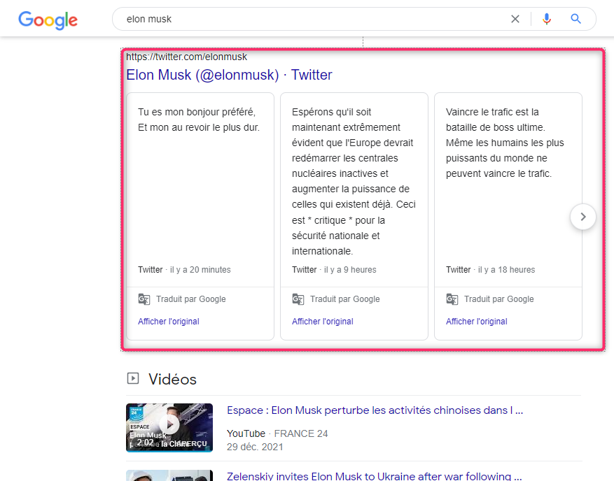 Exemple de Twitter box dans les SERP