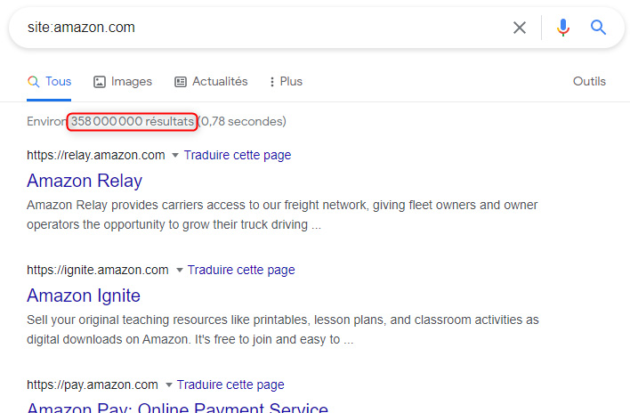 nombre de resultats de Amazon sur Google