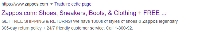 Balise title de Zappos sur Google