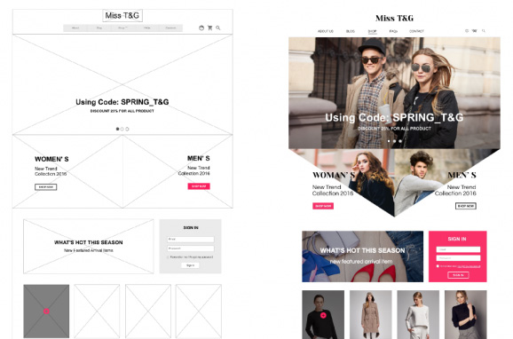 design site web: wireframe d'un site de vêtements en ligne