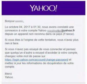 E-mail de Yahoo signalant une tentative de connexion non reconnue à un compte, mettant en avant l'importance d'un contrat de maintenance site web
