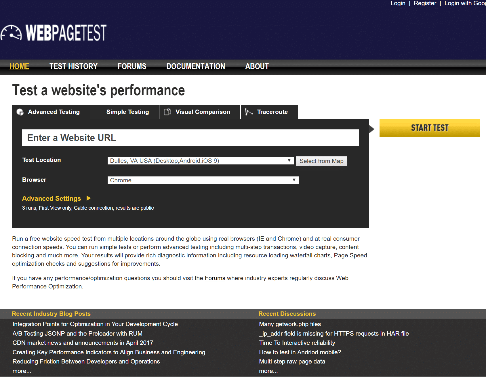 Test vitesse site avec WebPageTest