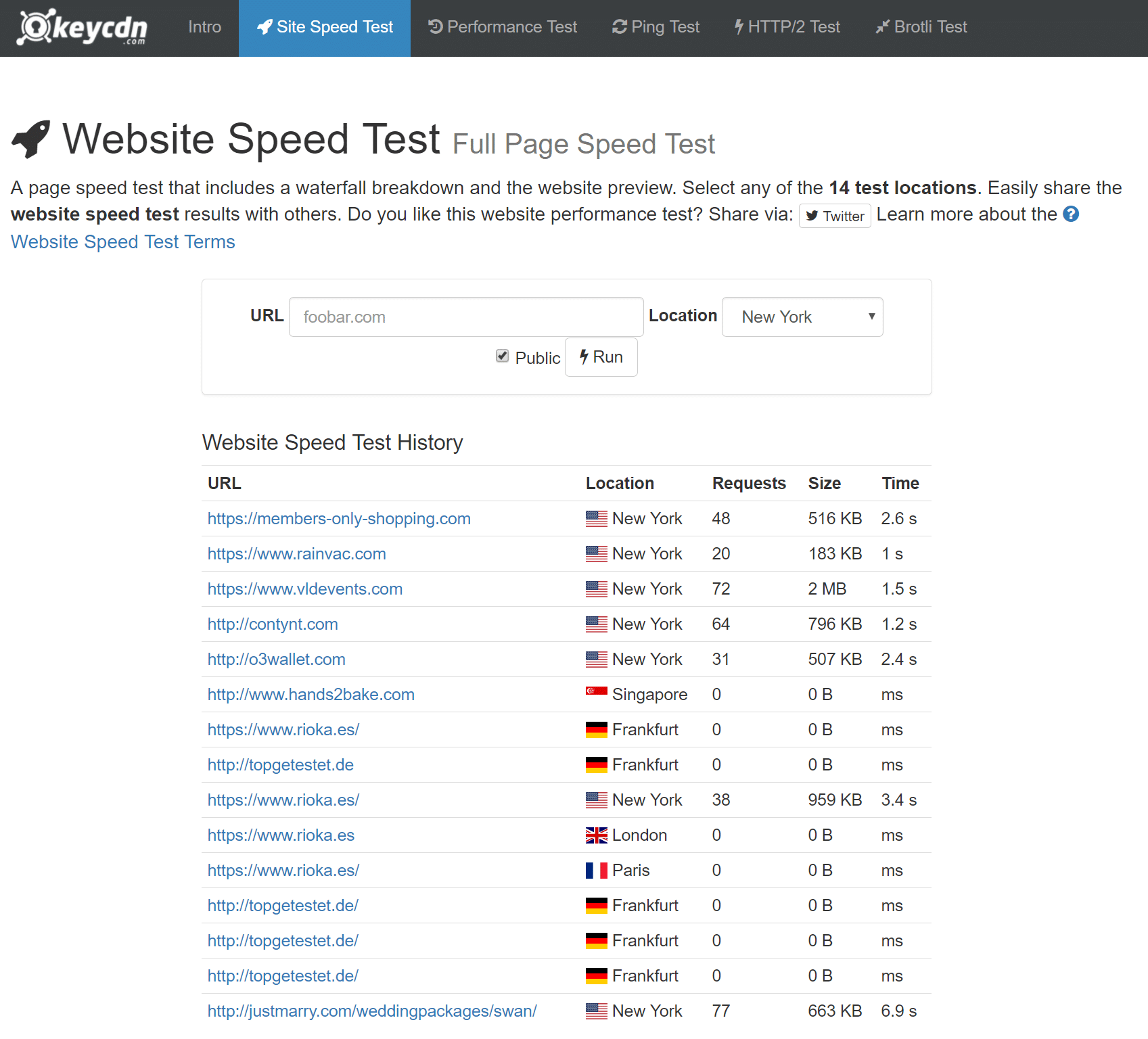 Test rapidité site avec KeyCDN Website Speed Test